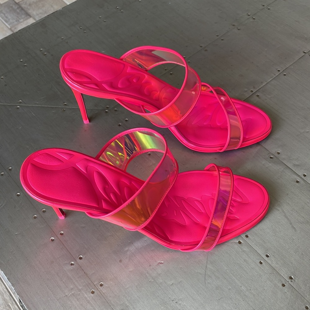 Christian Louboutin just loubi 85mm pink fluo neon pvc sandal stiletto sz 40 - Picture 3 of 13